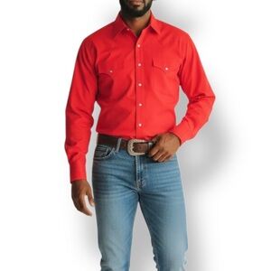 4/$20 Sheplers Red Western Pearl Snap Long Sleeve Shirt Mens XL 17-35